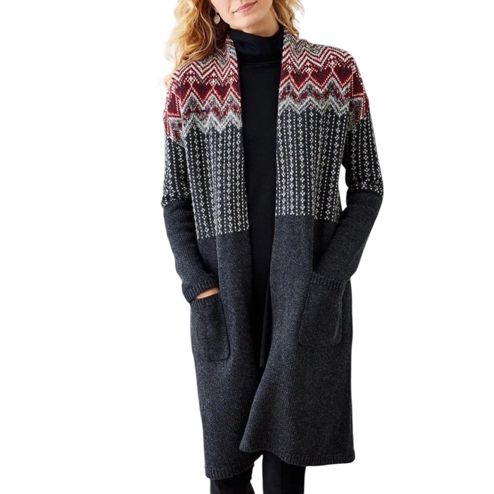 J. Jill Longline Fair Isle Open Front Cardigan Sz Small Wool Blend Patch Pockets